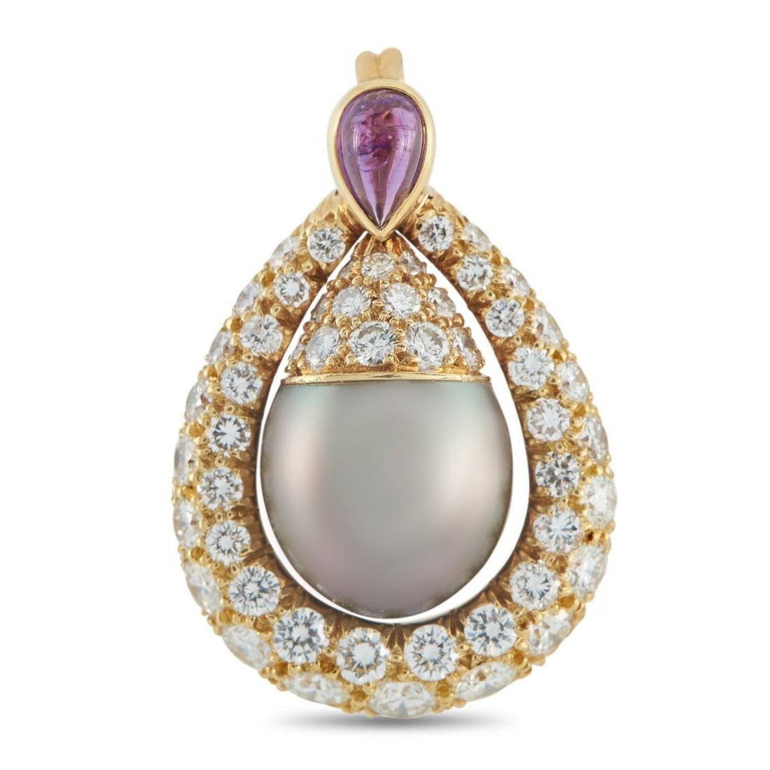 MAUBOUSSIN 18K YELLOW GOLD 1.55CT DIAMOND, AMETHYST, AND PEARL PENDANT: This Mauboussin pendant is filled with dynamic details. Diamonds with a total weight of 1.55 carats add sparkle to the teardrop-shaped design, while Amethyst stones provide the perfect pop of color.
