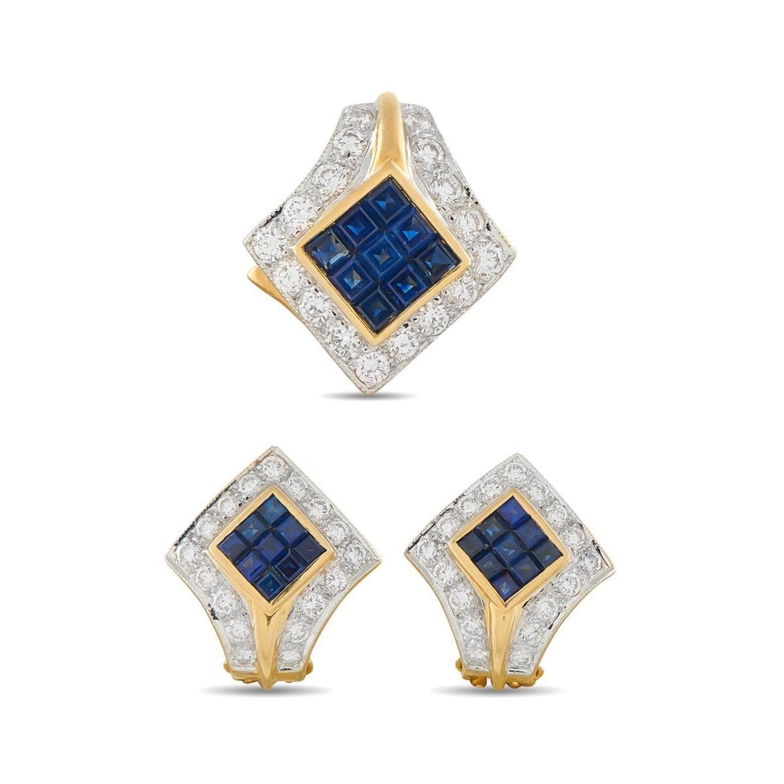 18K YELLOW GOLD 1.51CT DIAMOND AND SAPPHIRE EARRING AND PENDANT SET: This stylish earring and pendant set allows you to instantly elevate any ensemble. Crafted from 18K Yellow Gold, they come complete with invisible set Sapphires totaling 1.45 carats and Diamonds with