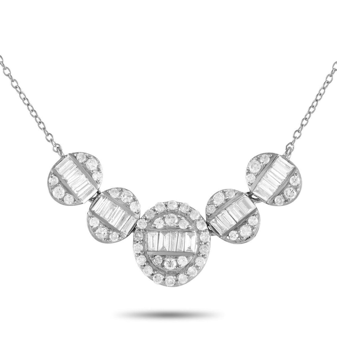 14K WHITE GOLD 0.60CT DIAMOND NECKLACE: Add a dash of Art Deco inspired glamour to any ensemble with this impeccably crafted necklace. Diamonds with a total weight of 0.60 carats sparkle and shine from their place on the dramatic 14K White