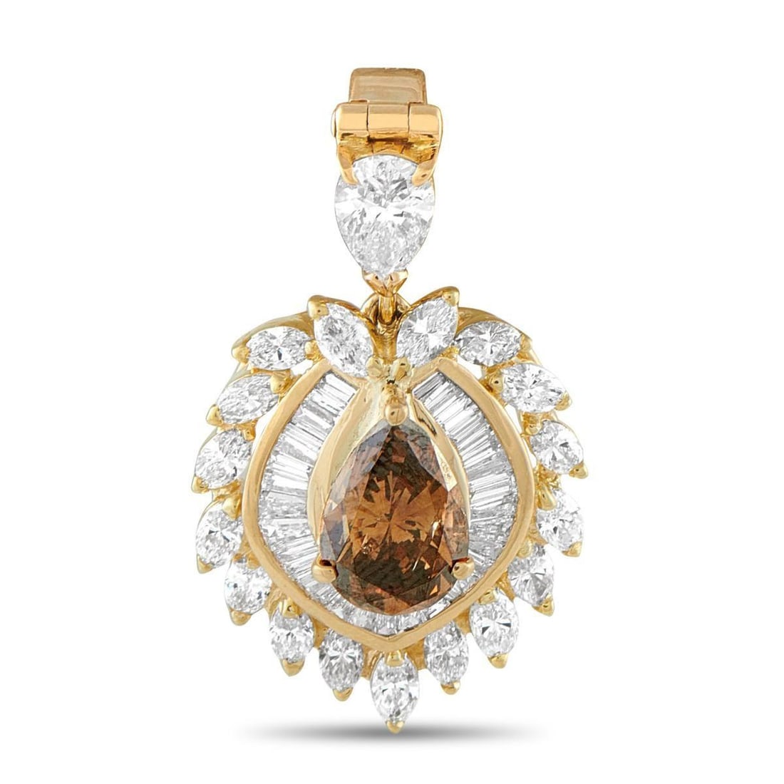 18K YELLOW GOLD 4.99CT DIAMOND PENDANT: This 18K Yellow Gold pendant is simply stunning. At the center, a warm 3.12 carat pear shaped Diamond center stone adds depth and dimension to the elegant setting. Additional Diamonds totaling 1.87 ca