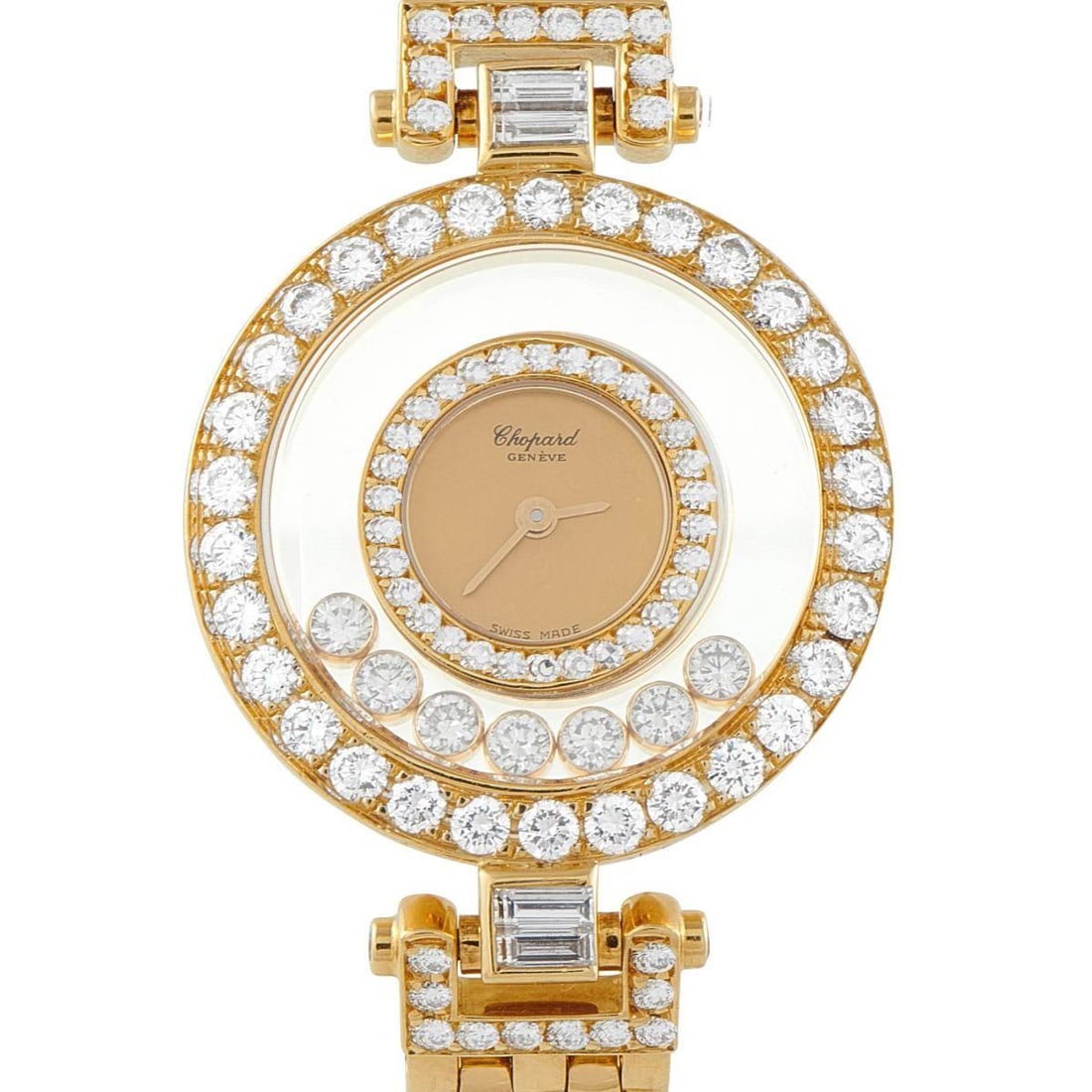 CHOPARD HAPPY DIAMONDS YELLOW GOLD WATCH: Produced around the late 1980s to early 1990s, this 18k yellow gold Happy Diamonds ladies watch from Chopard remains a rare high-jewelry reference. Its 26mm case is set with a diamond bezel, extending