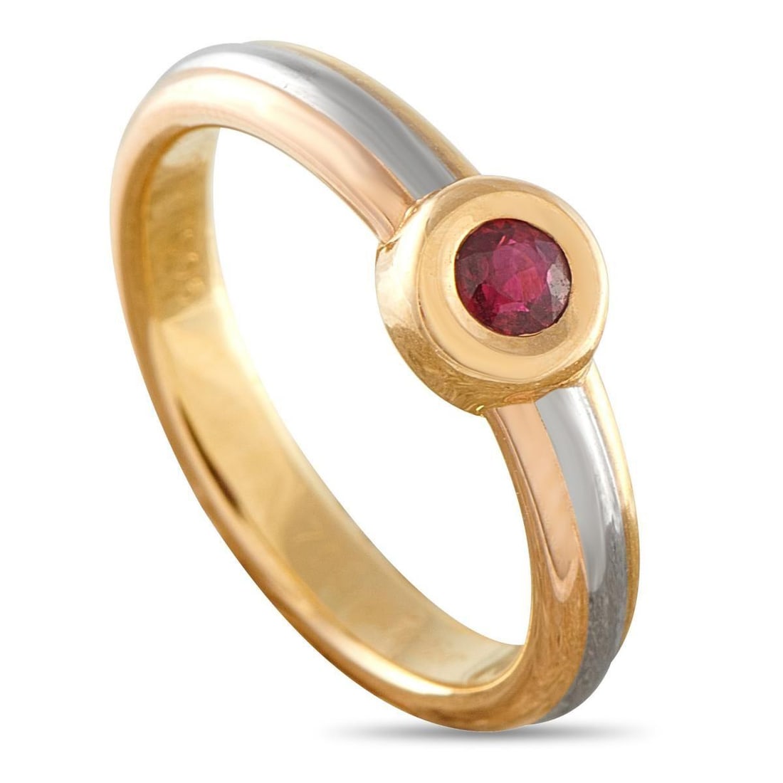 CARTIER 18K ROSE, YELLOW, AND WHITE GOLD RUBY RING: This Cartier ring is stunning in its simplicity. The elegant setting is crafted from a combination of tricolor metals, which add depth to the overall design. At the center, a single Ruby provides the