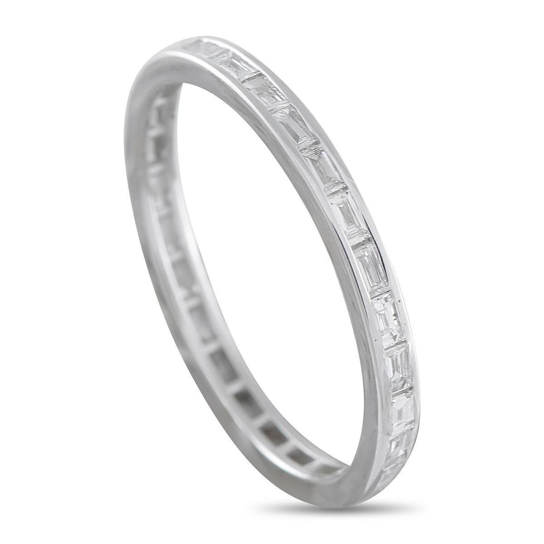 18K WHITE GOLD 0.47CT DIAMOND ETERNITY BAND RING: A series of sparkling Diamond baguettes with a total weight of 0.47 carats encircle the entirety of this eternity band ring. Sleek and simple, it will look elegant no matter if its worn alone or stack