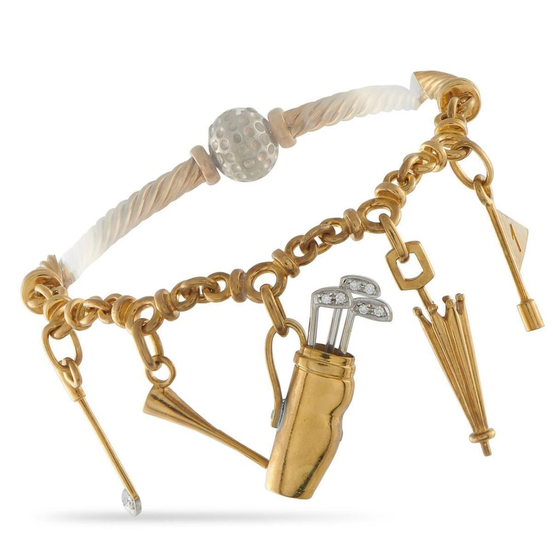 POMELLATO VINTAGE 18K YELLOW GOLD GOLF BRACELET: This vintage Pomellato bracelet is a piece any golfer will appreciate. Crafted from 18K Yellow Gold, the 7 chain is adorned with golf-inspired charms - including a golf bag and a putter. The clasp res
