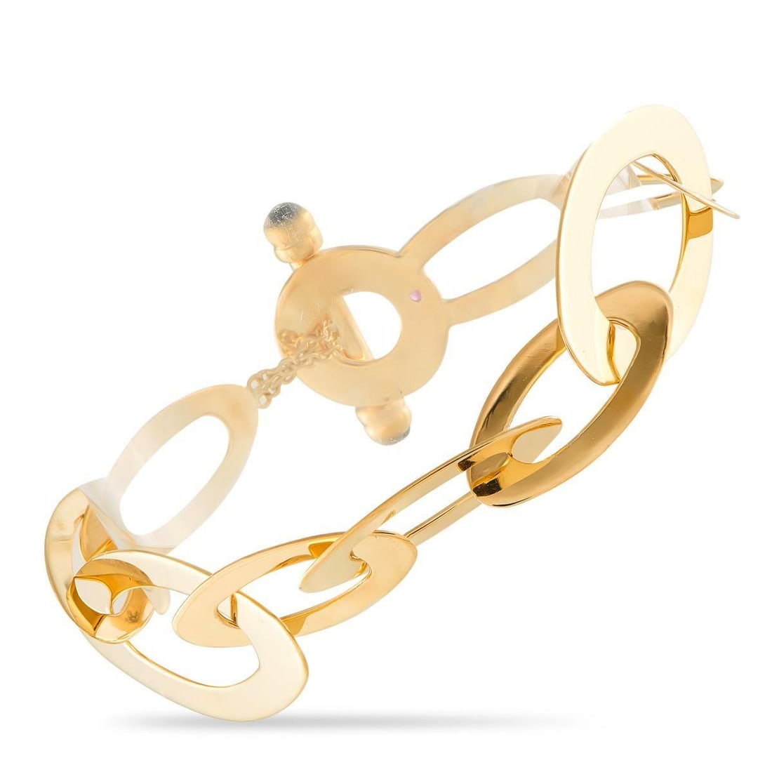 ROBERTO COIN CHIC AND SHINE 18K YELLOW GOLD LINK BRACELET: This Roberto Coin Chic and Shine bracelet is elegant and understated. Crafted from 18K Yellow Gold, a series of oblong links give it a distinctly contemporary design. Colorful stones add a subtle pop