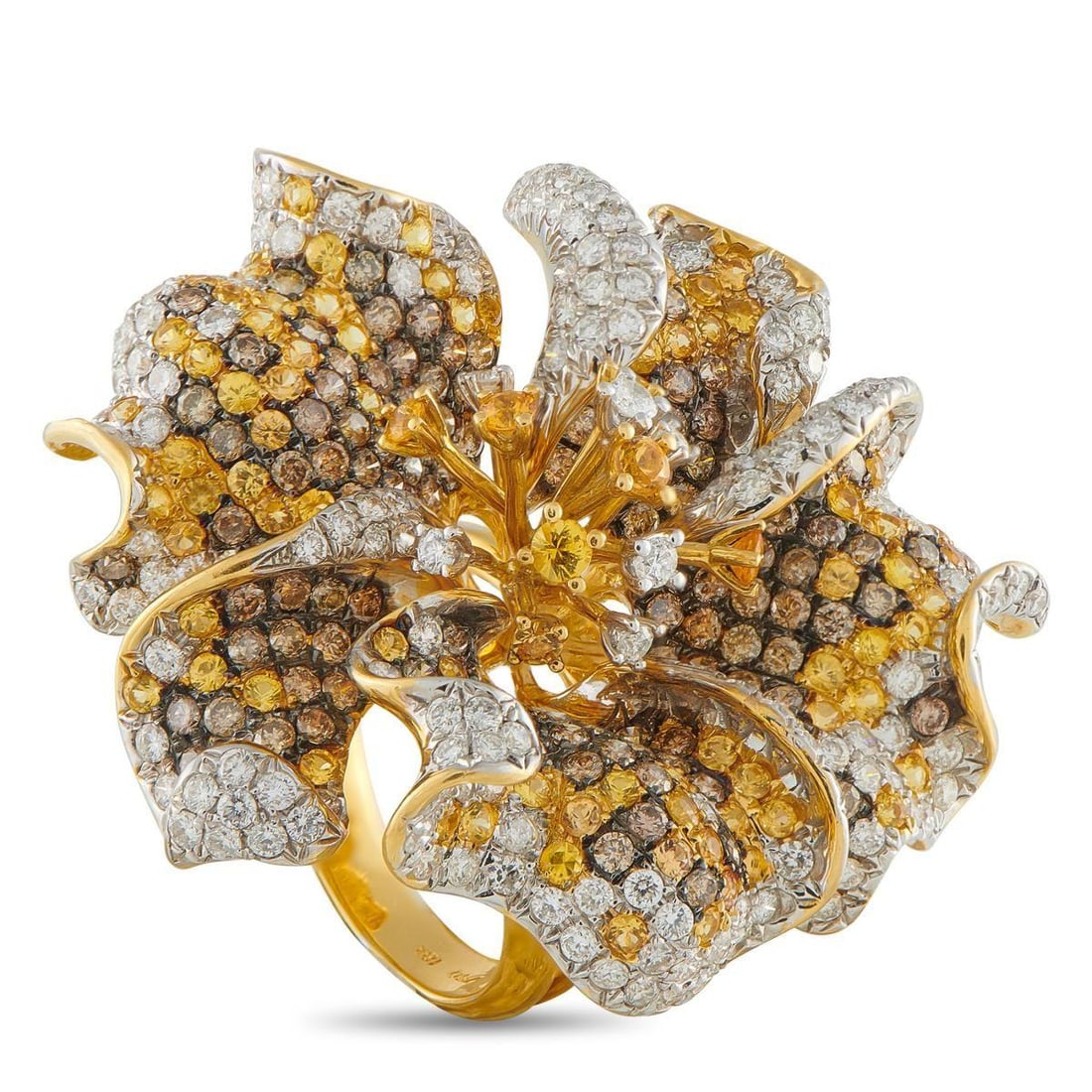 18K YELLOW GOLD 5.56CT DIAMOND AND SAPPHIRE HIBISCUS RING: Tropical sunshine captured in gold, this ring channels island flora through its commanding profile. Rising 19mm from a 4mm yellow gold band, the hibiscus-shaped centerpiece unfurls in curling petals s