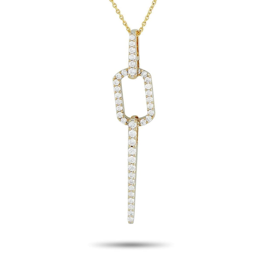 14K YELLOW GOLD 0.25CT DIAMOND GEOMETRIC NECKLACE: This modern 14K yellow gold necklace features a pendant with a geometric flow. A short vertical line of subtly tapering round diamonds connects to an open, rounded-rectangle frame, also lined with dia