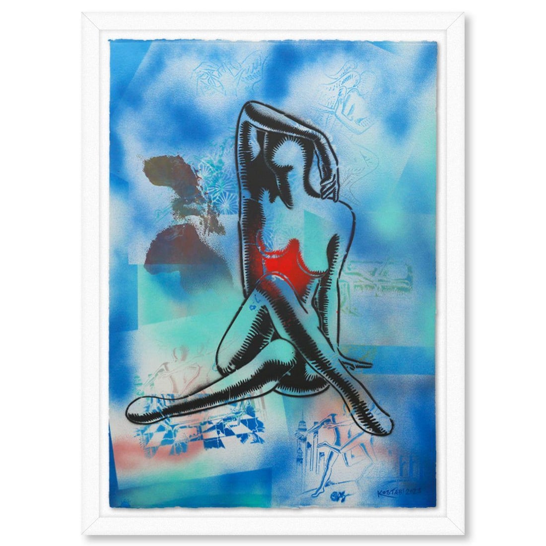 Mark Kostabi- Original Mixed Media on Paper "Aqua Reverie": Artist: Mark Kostabi. Medium: Original Mixed Media on Paper. Title: Aqua Reverie. Size: 42" x 29". Measures approx. 47" x 35" (framed). Signature: Hand signed. Certificate of Authenticity: Is included