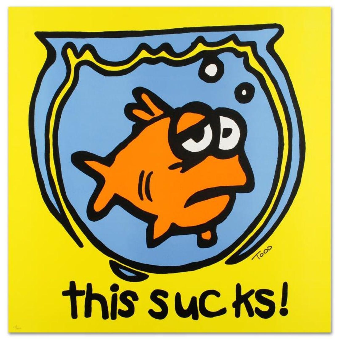 This Sucks! Limited Edition Lithograph by Todd Goldman, Numbered and Hand Signed with Certificate of: Pop artist Todd Goldman is known all across the globe for his whip-smart and wickedly funny puns and pictures! "This Sucks!" is a limited edition lithograph on paper, numbered and hand signed by Todd.