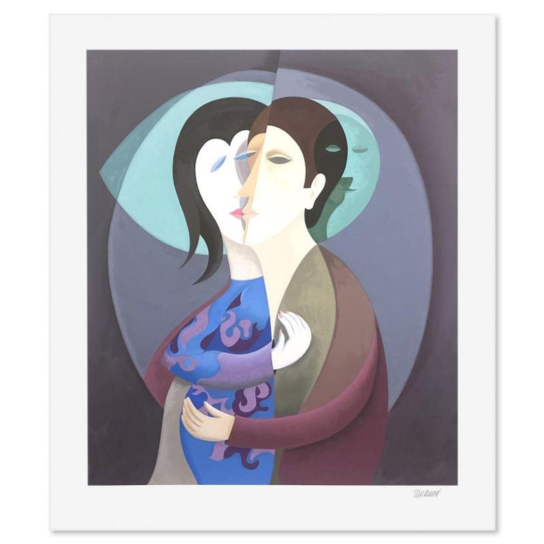 Phillipe Marchand, "The Kiss" Limited Edition Printer's Proof Serigraph, Numbered and Hand Signed: The Kiss is a limited edition printer's proof serigraph on paper by Phillipe Marchand, numbered and hand signed by the artist. Includes Letter of Authenticity. Measures approx. 35.5" x 30" (border), 3