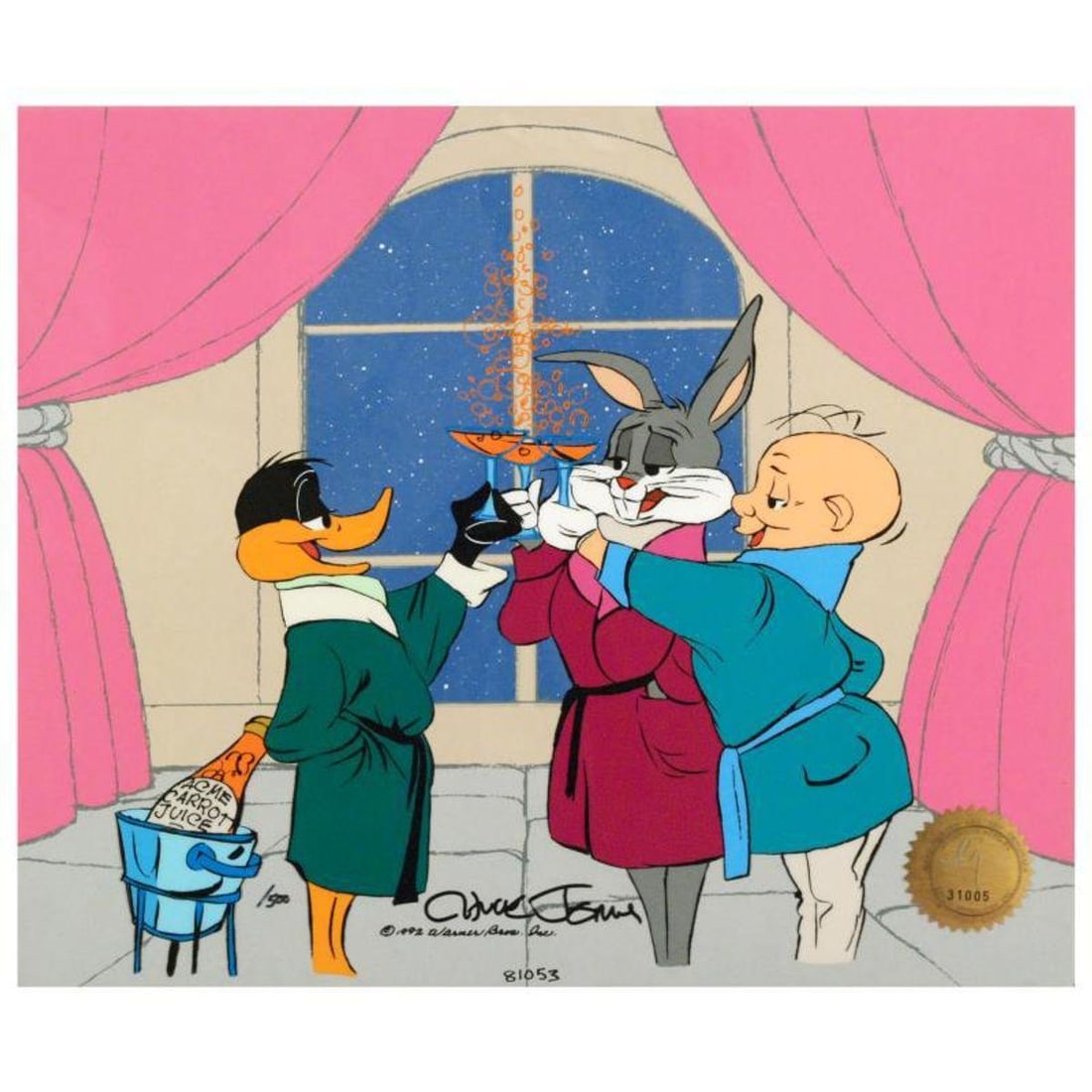 Cheers! by Chuck Jones (1912-2002). Limited Edition Animation Cel with Hand Painted Color, Numbered: Own this amazing piece based on the original line image hand drawn and hand-inked on paper by Chuck Jones! "Cheers!" is a sold out limited edition animation cel with hand painted coloring on sericel o