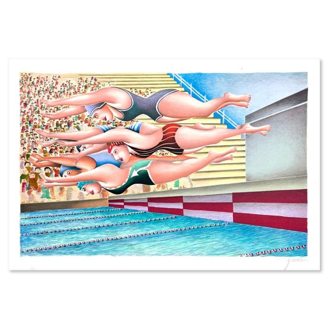 Yuval Mahler, "Swimming" Limited Edition Serigraph, Numbered and Hand Signed with Letter of: Swimming is a limited edition serigraph on paper by Yuval Mahler. The piece comes hand signed by the artist, numbered, and with a letter of authenticity. Measures approximately 13" x 19.5". Reference#