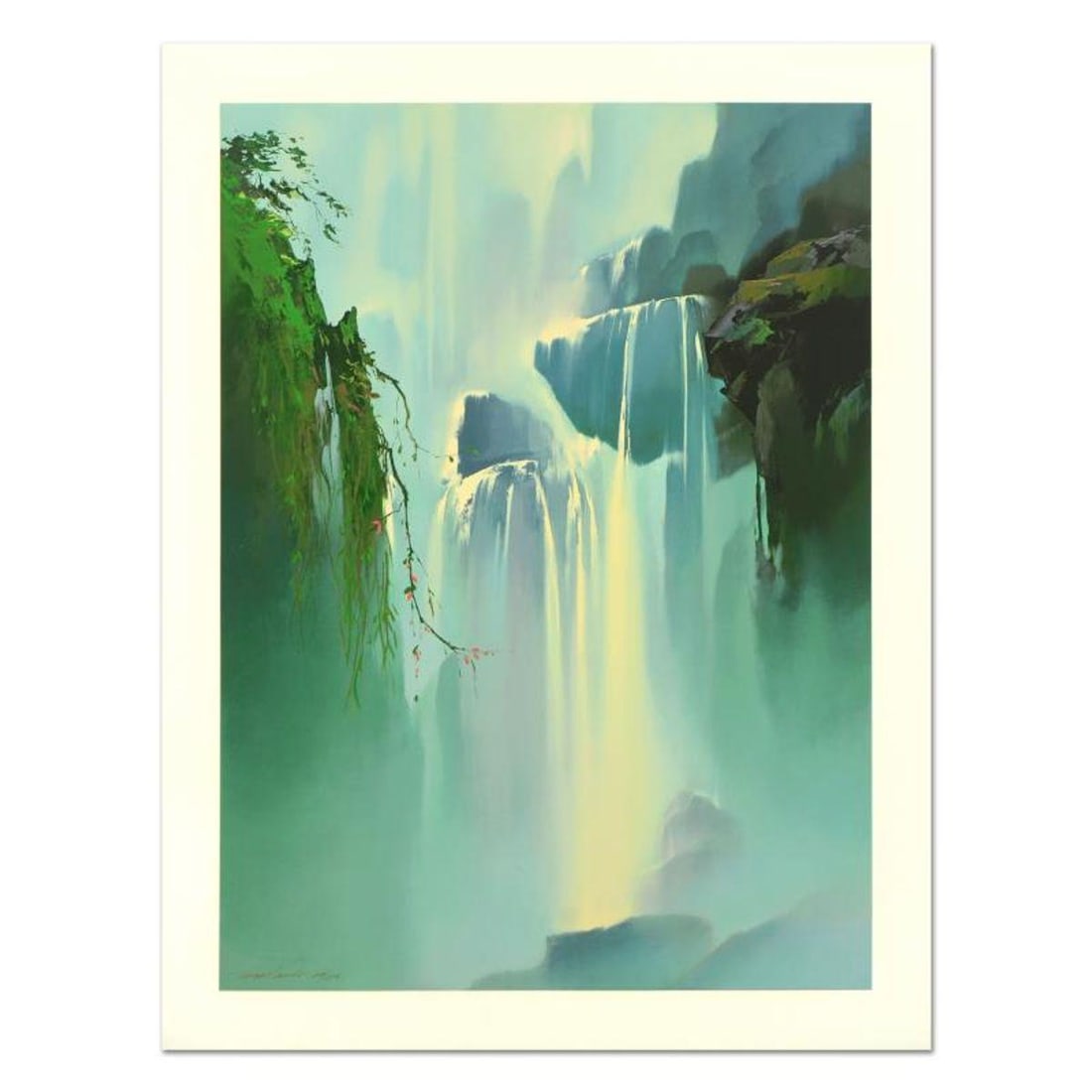 Thomas Leung, "Misty Falls" Limited Edition, Numbered and Hand Signed with Letter of Authenticity.: Misty Falls is a limited edition giclee on paper by Thomas Leung, numbered and hand signed by the artist. Includes Letter of Authenticity. Measures approx. 30" x 39.5" (border), 26" x 35" (image). Ref