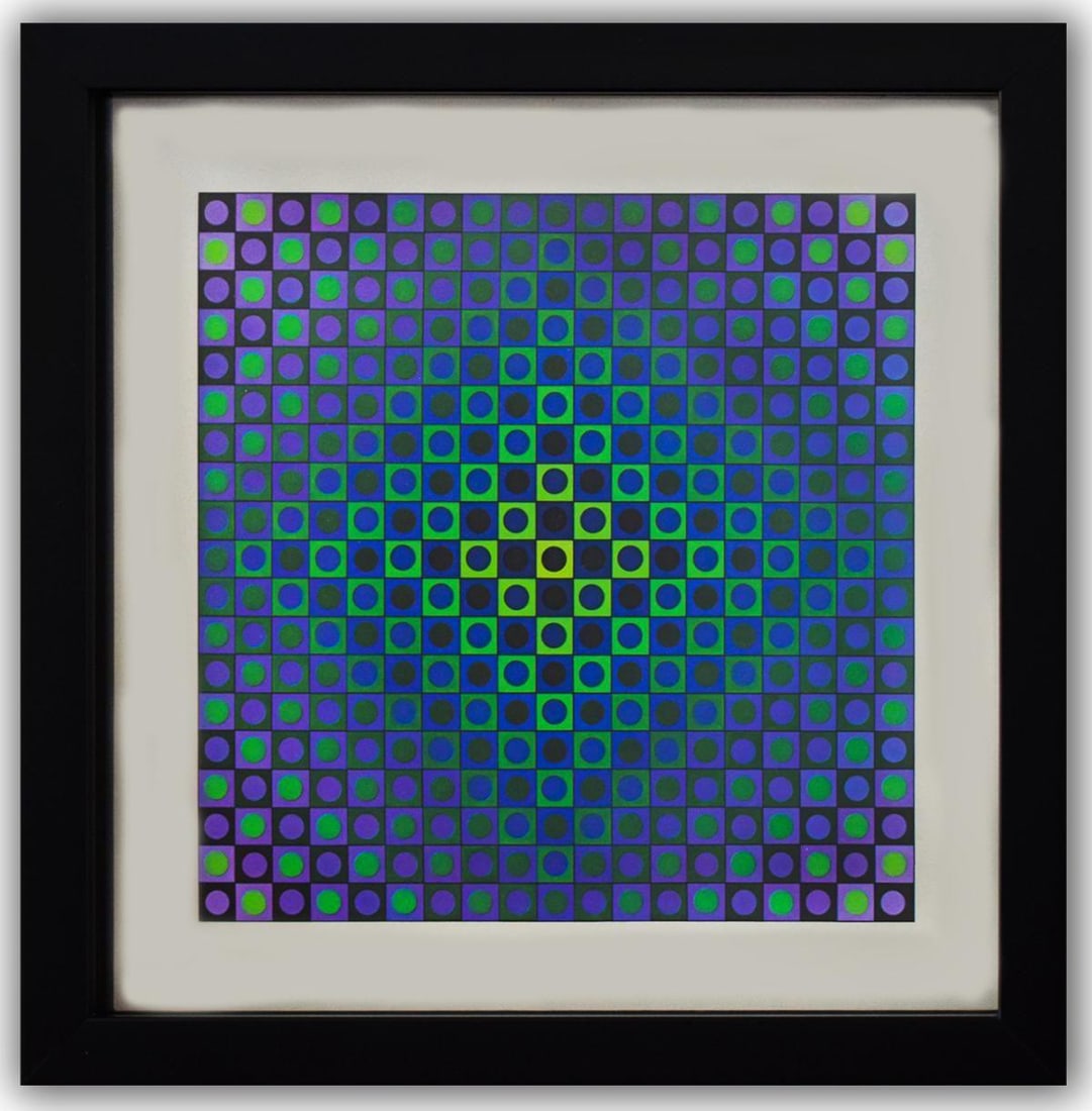 Victor Vasarely- Heliogravure Print "Boglar": Artist: Victor Vasarely. Medium: Heliogravure Print. Title: Boglar. Size: 10" x 10". Measures approx. 12" x 12" (framed). Additional: Custom Framed , 1971. Reference#: 21395.