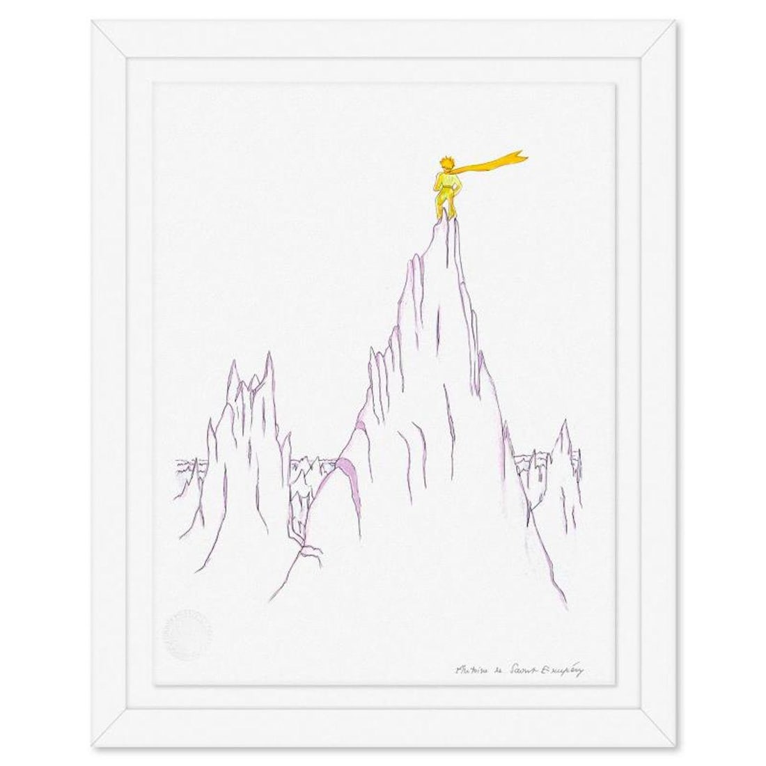 Antoine de Saint-Exupery 1900-1944 (After), "The Little Prince On A High Mountain" Framed Limited: The Little Prince On A High Mountain is a limited edition lithograph on paper by Antoine de Saint-Exupery 1900-1944 (After), bearing the plate signature of the artist.This piece comes from an edition