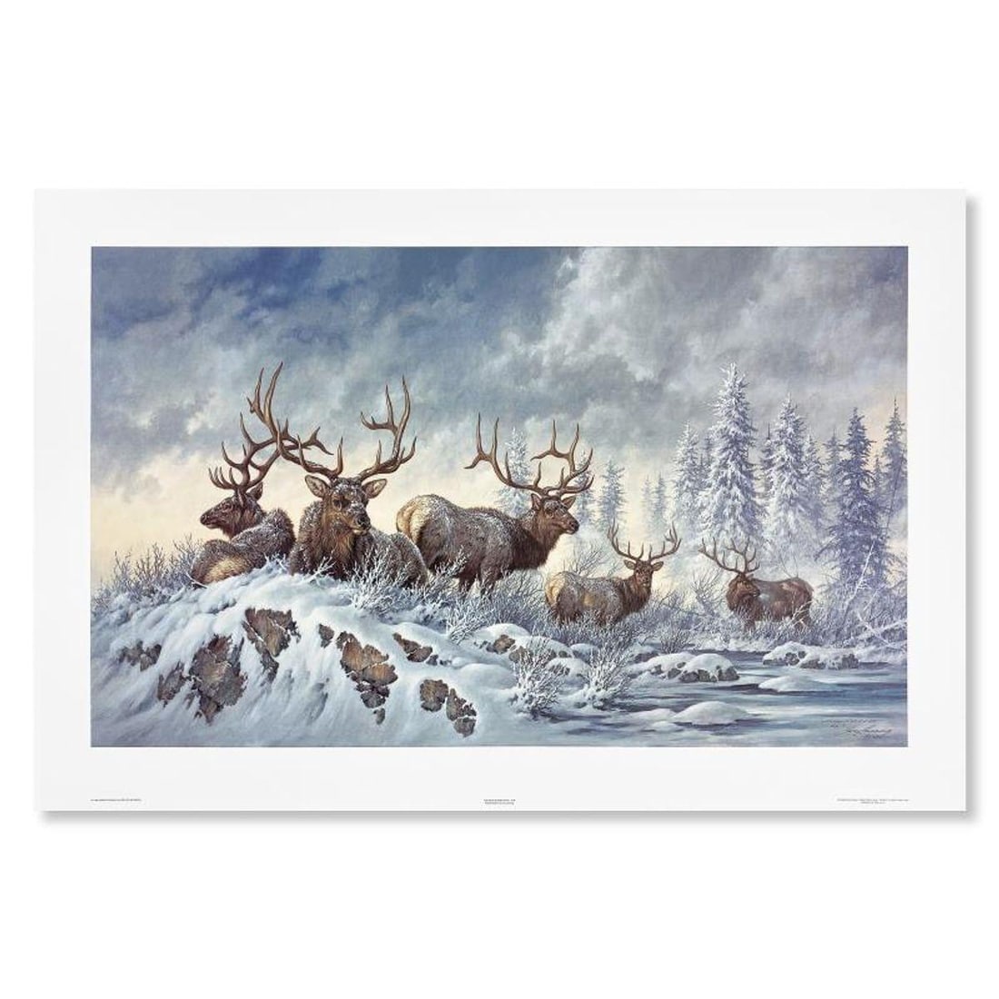 Larry Fanning (1938-2014), "Solstice Rendezvous (Elk)" Hand Signed Limited Edition Lithograph with: Solstice Rendezvous is a limited edition lithograph on paper by Larry Fanning (1938-2014). Numbered and hand signed, the piece comes with a letter of authenticity. Measures approximately 32.5" x 20" (