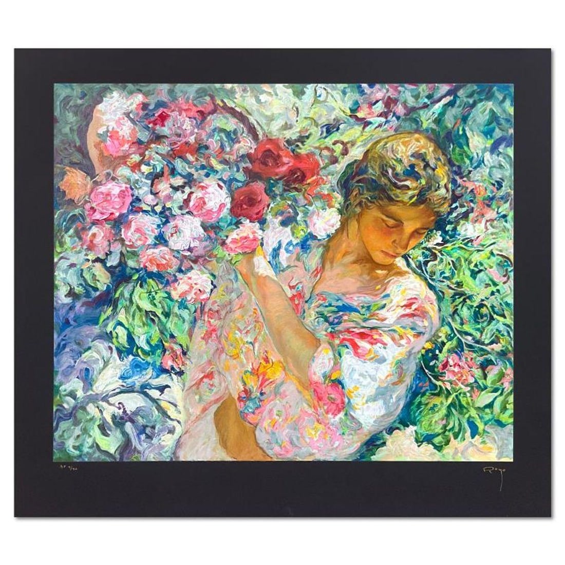 Royo, "Joven Con Costo De Flores" Limited Edition Artist's Proof Serigraph (23.5" x 28.5"), Numbered: Joven Con Costo De Flores is a limited edition artist's proof serigraph on paper by Royo, numbered and hand signed by the artist. Includes Letter of Authenticity. Measures approx. 30.5" x 34.5" (borde