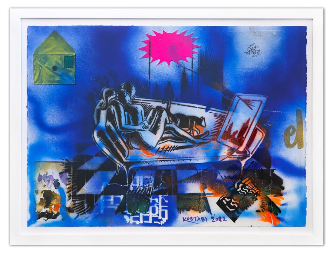 Mark Kostabi- Original Mixed Media on Paper "All the Closer Within, 2022": Artist: Mark Kostabi. Medium: Original Mixed Media on Paper. Title: All the Closer Within, 2022. Size: 30" x 40". Measures approx. 35" x 47" (framed). Signature: Hand Signed by the artist. Certificate