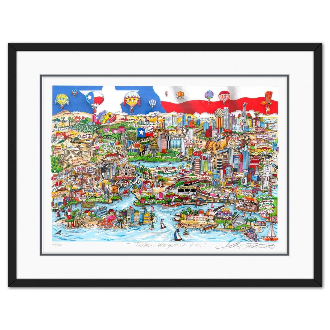 Charles Fazzino- 3D Construction Silkscreen Serigraph "Texas... We Got it Yall": Artist: Charles Fazzino. Medium: 3D Construction Silkscreen Serigraph. Title: Texas... We Got it Yall. Size: 17" x 23". Measures approx. 23" x 29" (framed). Signature: Hand signed and numbered. Certif