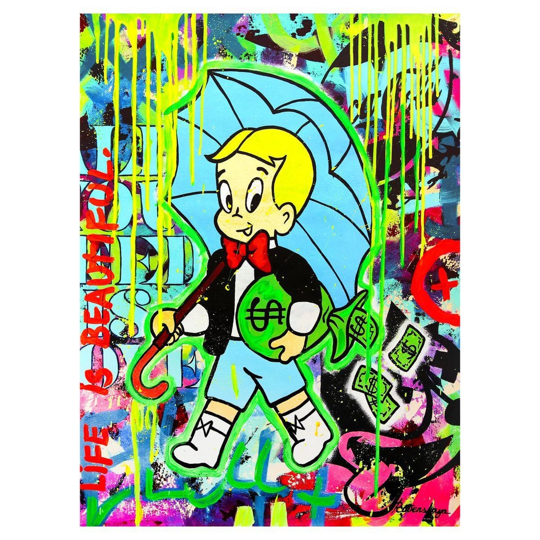 Nastya Rovenskaya- Mixed Media on Canvas "Wealth Under Shelter": Artist: Nastya Rovenskaya. Medium: Mixed Media on Canvas. Title: Wealth Under Shelter. Size: 40" x 30". Signature: Hand Signed. Certificate of Authenticity: Is included. Reference#: 36717.