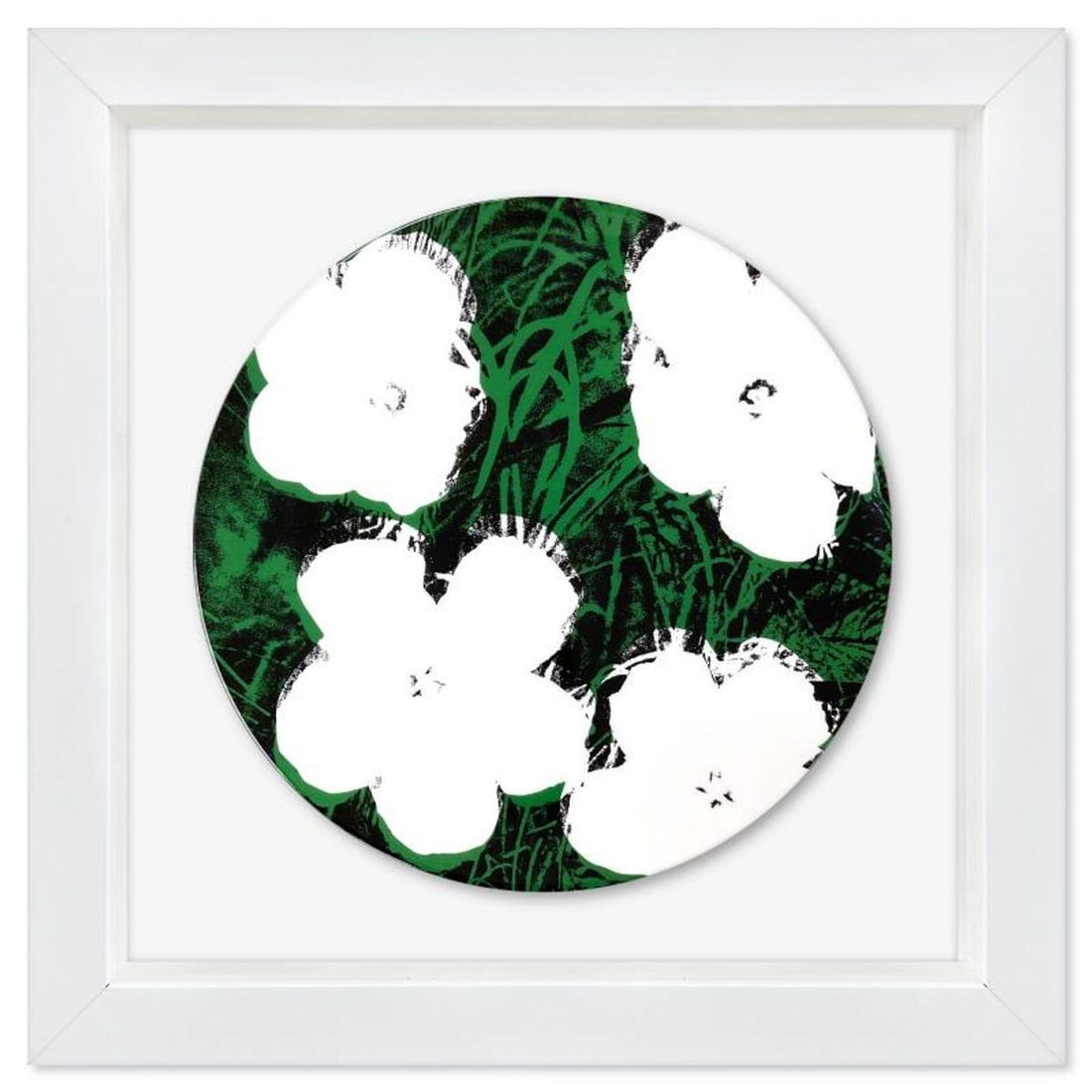 Andy Warhol (1928-1987), "White Flower" Framed Limoges Porcelain Plate.: White Flower is a Limoges porcelain plate bearing the plate signature inverso of Andy Warhol (1928-1987). This plate is custom framed and floated on linen. Measures approx. 16" x 16" (frame), 11" (pla