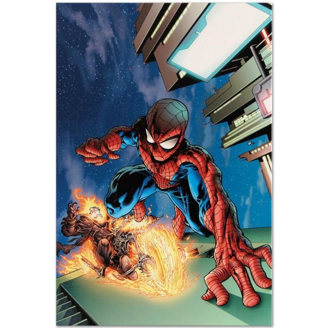 Marvel Comics "Timestorm 2009/2099 #4" Numbered Limited Edition Giclee on Canvas by Tom Raney with: A piece of comic book history, this limited edition, from original art by Tom Raney, depicts Ghost Rider and Spider-Man in battle. Tom Raney is an American comic book artist, known for illustrating ti