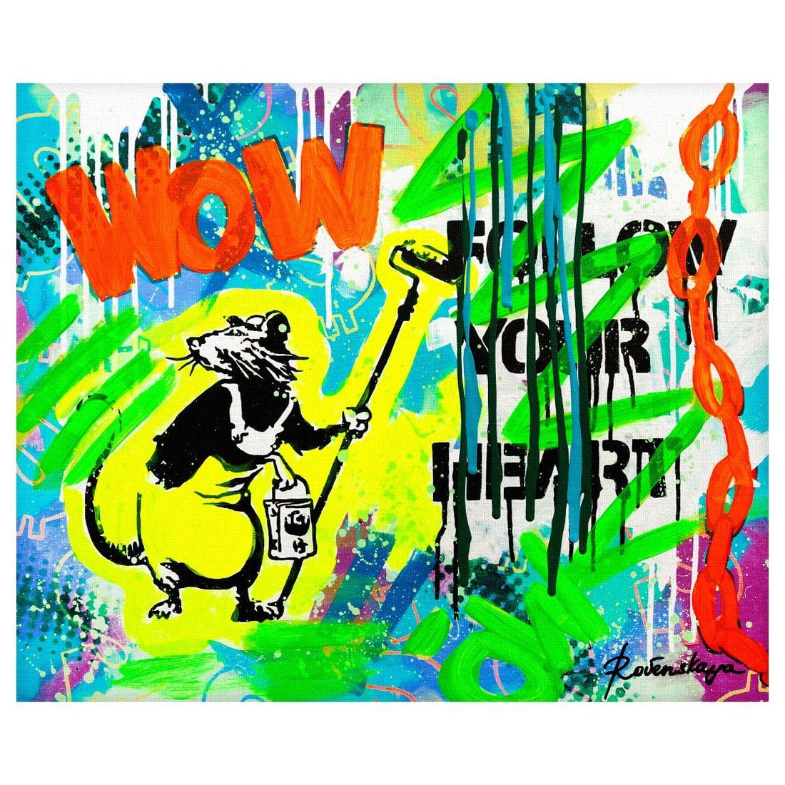 Nastya Rovenskaya- Mixed Media on Canvas "Follow Your Heart II": Artist: Nastya Rovenskaya. Medium: Mixed Media on Canvas. Title: Follow Your Heart II. Size: 20" x 24". Signature: Hand signed. Certificate of Authenticity: Is included. Reference#: 26289.