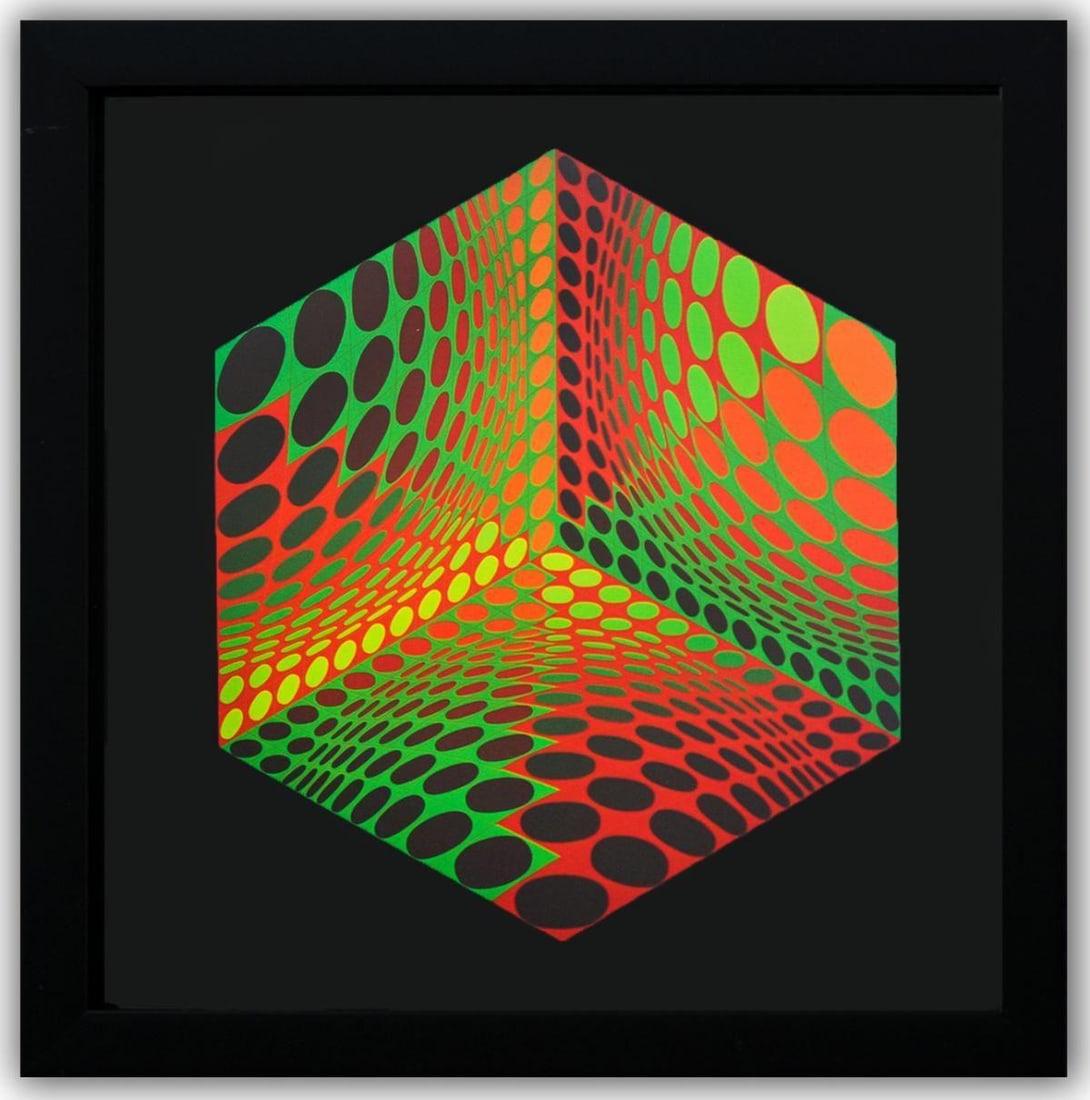 Victor Vasarely- Heliogravure Print "Tupa - 2": Artist: Victor Vasarely. Medium: Heliogravure Print. Title: Tupa - 2. Size: 10" x 10". Measures approx. 12" x 12" (framed). Additional: Custom Framed , 1975. Reference#: 21404.