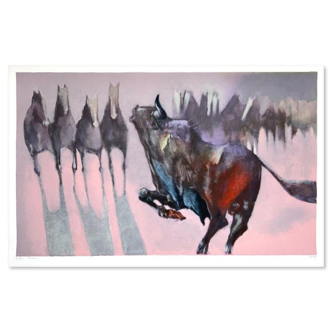 Edwin Salomon (1935-2014), "Horses and Bull" Limited Edition Serigraph, Hand Signed and Numbered;: Horses and Bull is a limited edition serigraph on paper by Edwin Salomon (1935-2014). The piece comes hand signed by the artist, numbered, and with a letter of authenticity. Measures approximately 18"