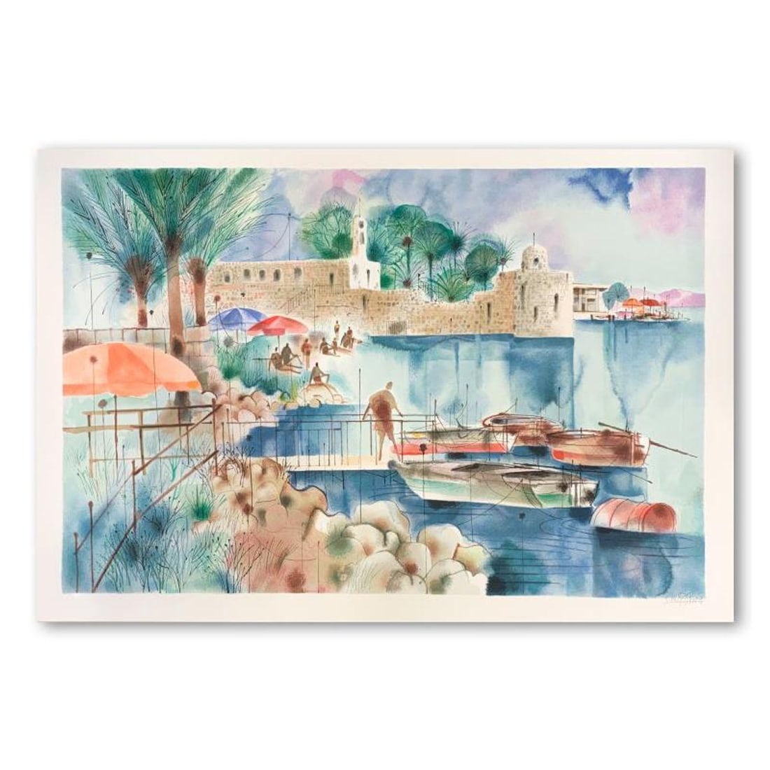 Shmuel Katz (1926-2010), "Sea of Galilee" Hand Signed Limited Edition Serigraph on Paper with Letter: Sea of Galilee is a limited edition serigraph on paper by Shmuel Katz (1926-2010). It is numbered and hand signed and includes a letter of authenticity. Measures approximately 35" x 24" (image). Refer