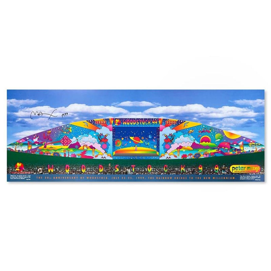 Peter Max, "Woodstock 99" Hand Signed Poster with Letter of Authenticity.: Woodstock 99 is a poster on paper by Peter Max, hand signed by the artist. Includes Letter of Authenticity. Measures approx. 13" x 36" (image). Reference#: 92622.