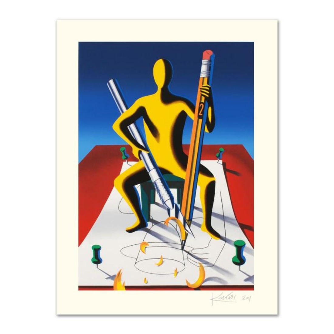 Mark Kostabi, "Careful With That Ax, Eugene" Limited Edition Serigraph, Numbered and Hand Signed: Careful With That Ax, Eugene is a limited edition serigraph on paper, numbered and hand signed by Kostabi. Includes Certificate of Authenticity! Measures approx. 27.5" x 35.5" (with border), 21.5" x 2