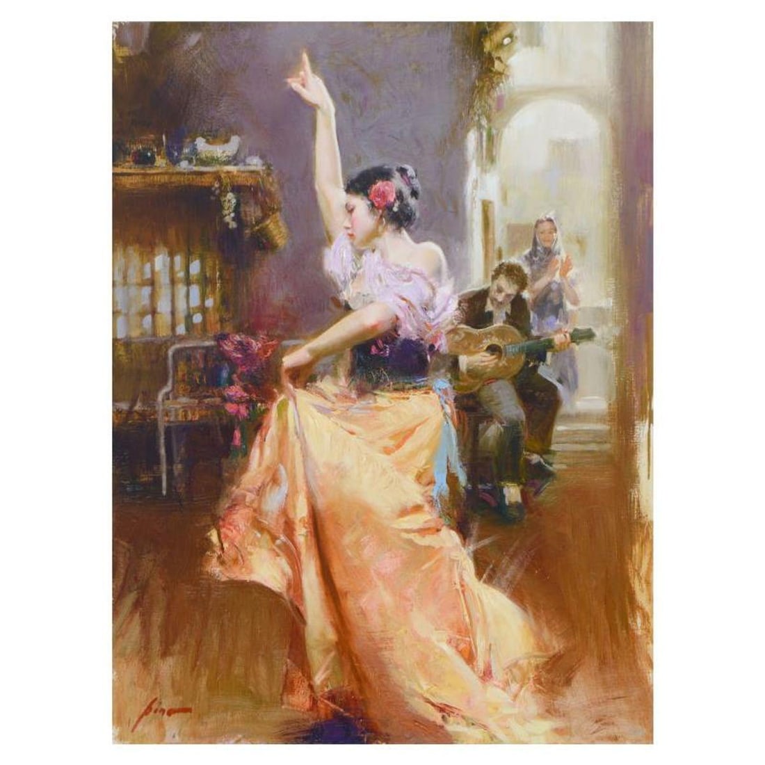 Pino (1939-2010), "Isabella" Limited Edition Hand Embellished Giclee on Canvas. Numbered and Hand: Pino's portraits allow glimpses into intensely personal, intimate spaces, conveying emotion through rich, warm color and sensual brushwork. "Isabella" is a hand embellished limited edition giclee on c