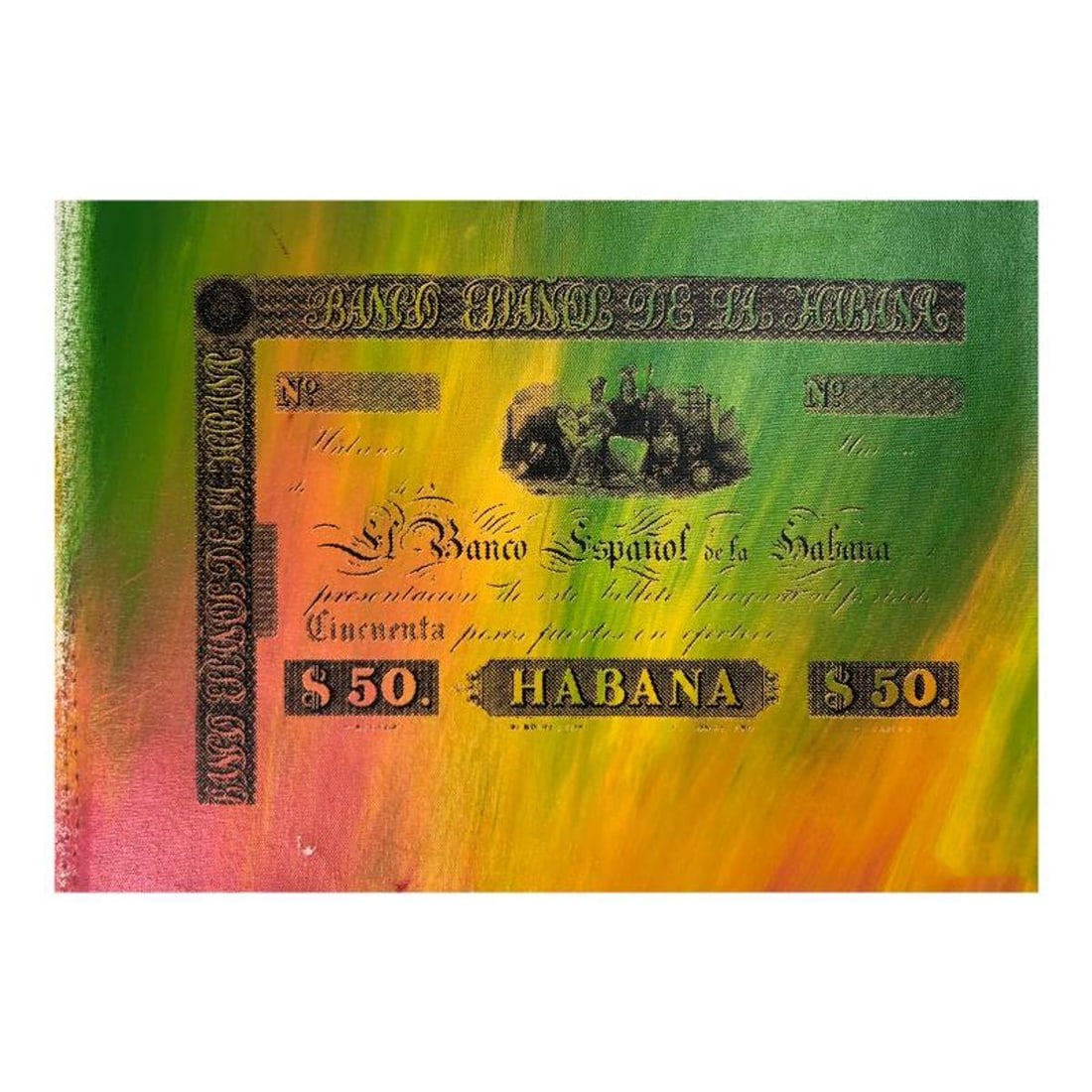 Steve Kaufman (1960-2010), "Banco Espanol de la Habana" Hand Signed and Numbered Limited Edition: Banco Espanol de la Habana is limited edition hand pulled silkscreen unique mixed media on canvas by Andy Warhol protege Steve Kaufman (1960-2010). This piece is numbered and hand signed inverso and i