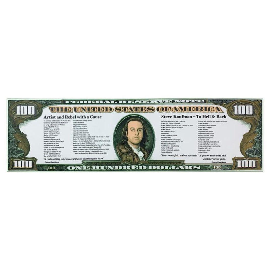 Steve Kaufman (1960-2010), "To Hell and Back ($100)" Hand Signed Limited Edition Hand Pulled: $100 To Hell and Back is a limited edition hand pulled silkscreen unique mixed media on canvas by Andy Warhol protege Steve Kaufman (1960-2010). This piece is numbered and hand signed inverso and incl