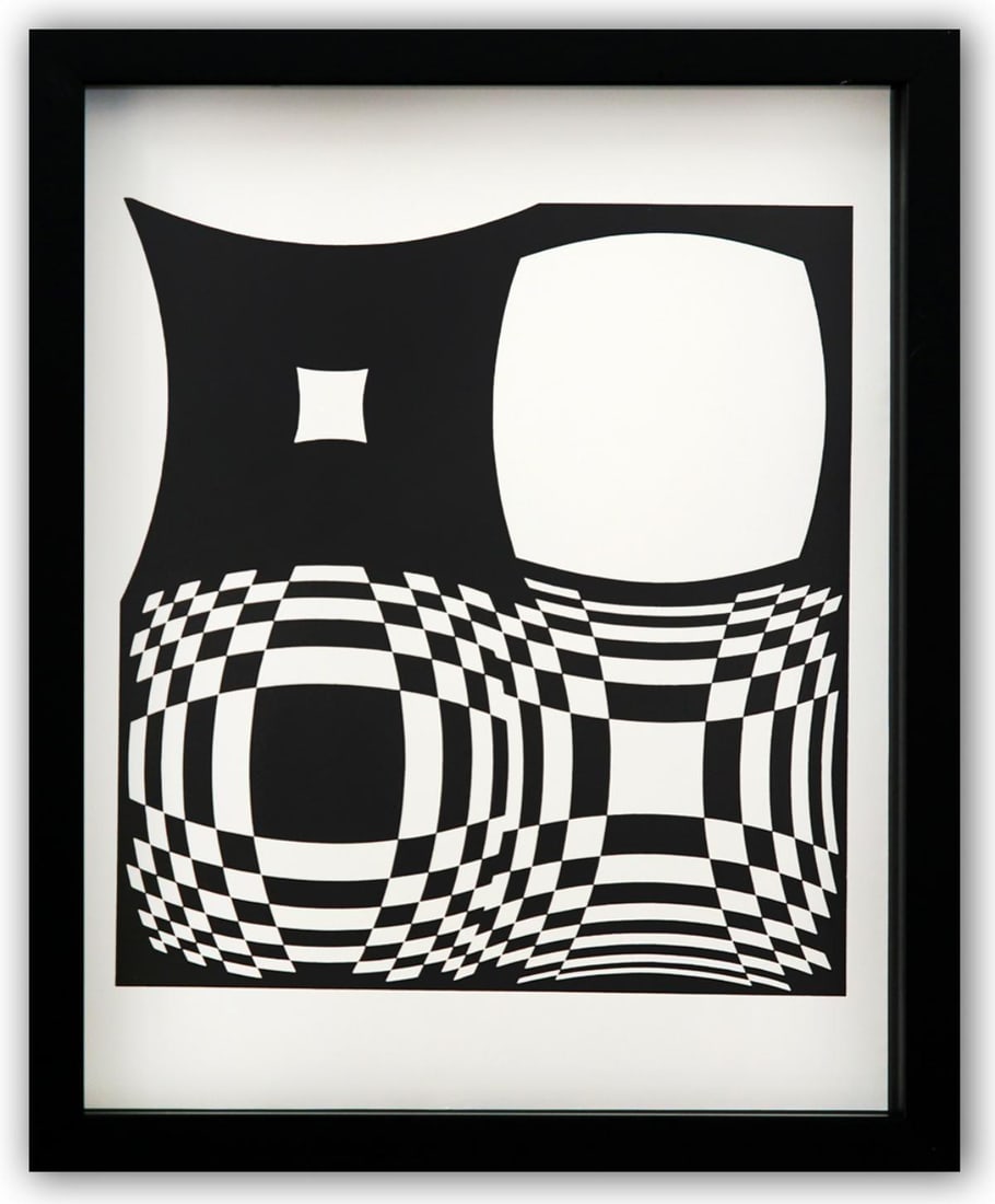 Victor Vasarely- Heliogravure Print "Untitled": Artist: Victor Vasarely. Medium: Heliogravure Print. Title: Untitled. Size: 14" x 11". Measures approx. 15" x 12" (framed). Additional: Custom Framed. Reference#: 21558.
