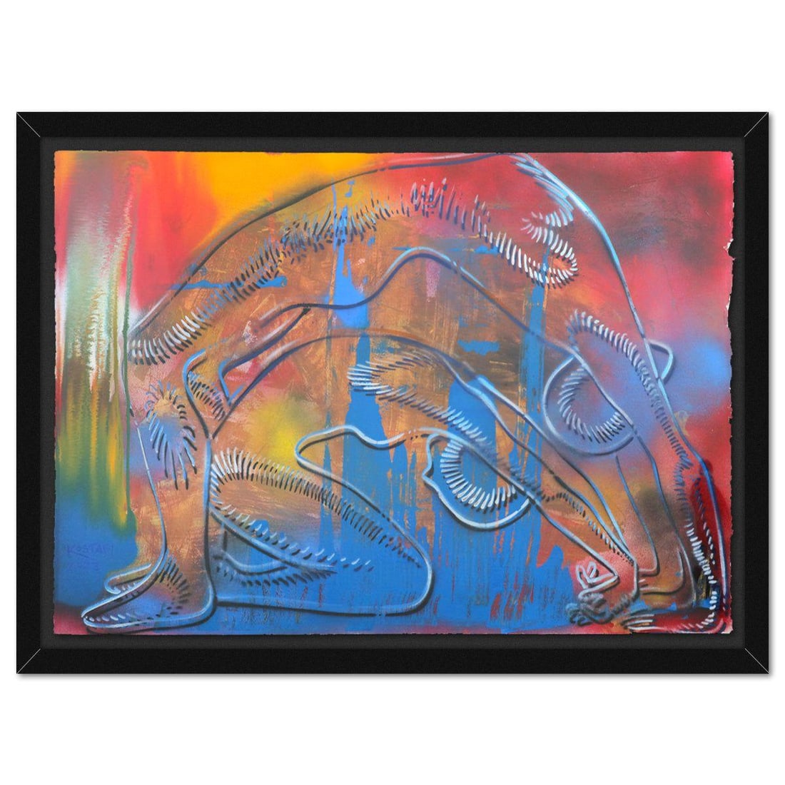 Mark Kostabi- Original Mixed Media on Paper "The Power Of Two": Artist: Mark Kostabi. Medium: Original Mixed Media on Paper. Title: The Power Of Two. Size: 29" x 42". Measures approx. 35" x 47" (framed). Signature: Hand signed. Certificate of Authenticity: Is incl