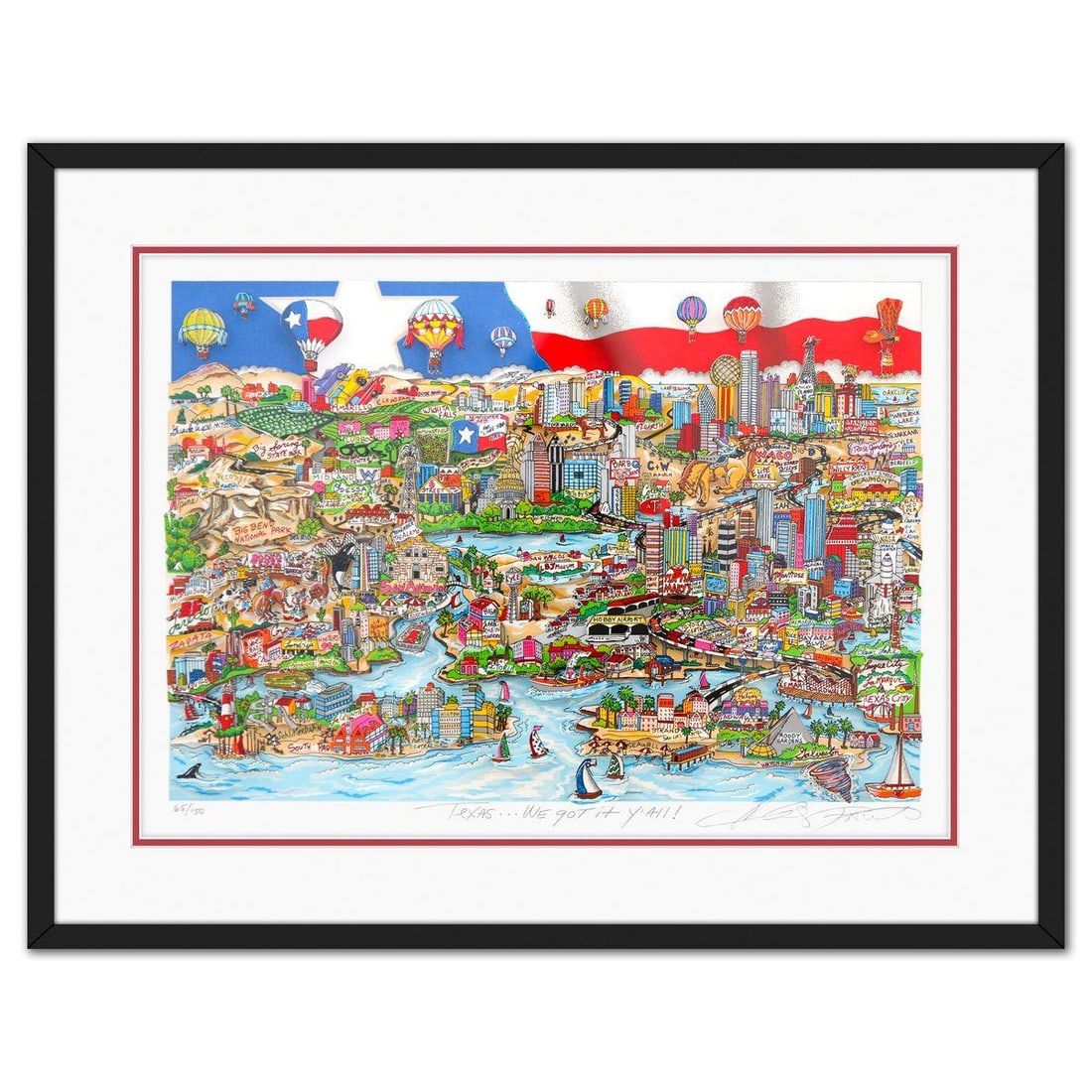 Charles Fazzino- 3D Construction Silkscreen Serigraph "Texas... We Got it Yall": Artist: Charles Fazzino. Medium: 3D Construction Silkscreen Serigraph. Title: Texas... We Got it Yall. Size: 17" x 23". Measures approx. 23" x 29" (framed). Signature: Hand signed and numbered. Certif