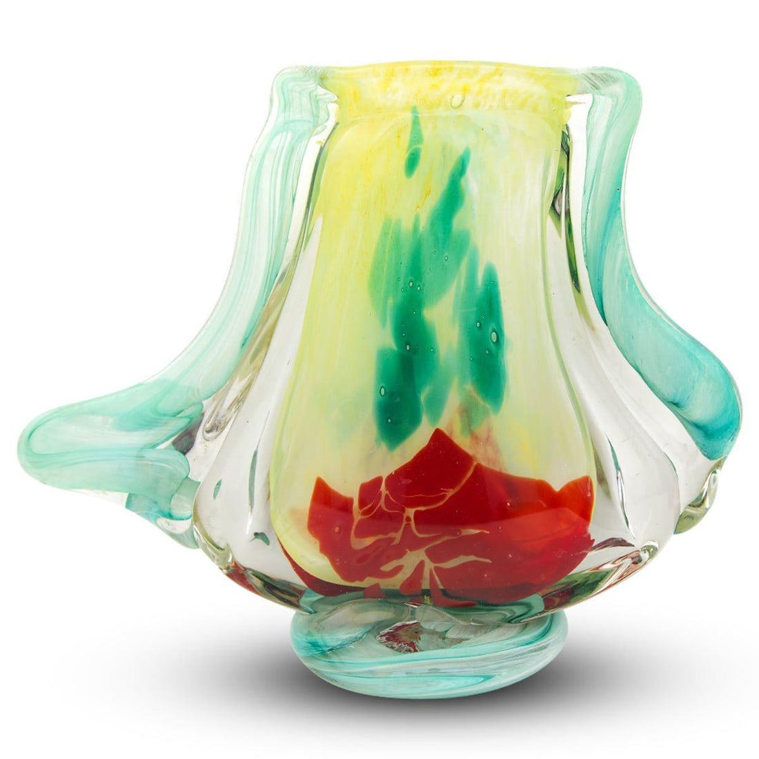 Jean-Claude Novaro- Handmade Glass "Flat Handle Vase, Lime & Yellow": Artist: Jean-Claude Novaro. Medium: Handmade Glass. Title: Flat Handle Vase, Lime & Yellow. Size: 12" x 16". Signature: Signed and Dated. Additional: Size: 12x16x6. Reference#: 74459.