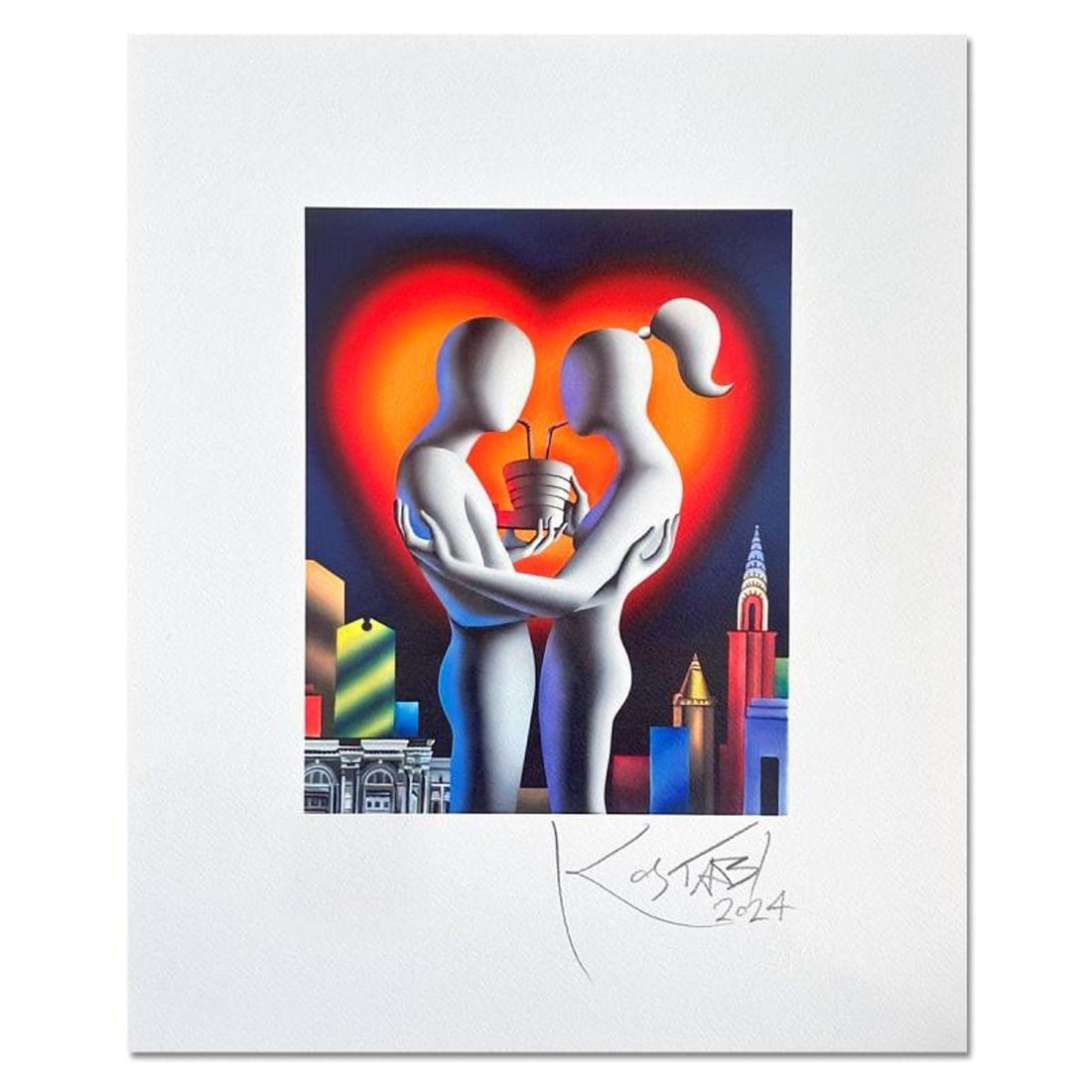 Mark Kostabi, "Metropolitan Passion" Hand Signed Limited Edition with Certificate of Authenticity.: Metropolitan Passion, is a limited edition giclee on paper by Mark Kostabi. The piece is hand signed and numbered and comes with a certificate of authenticity. Measures approximately 12.5" x 10" (imag
