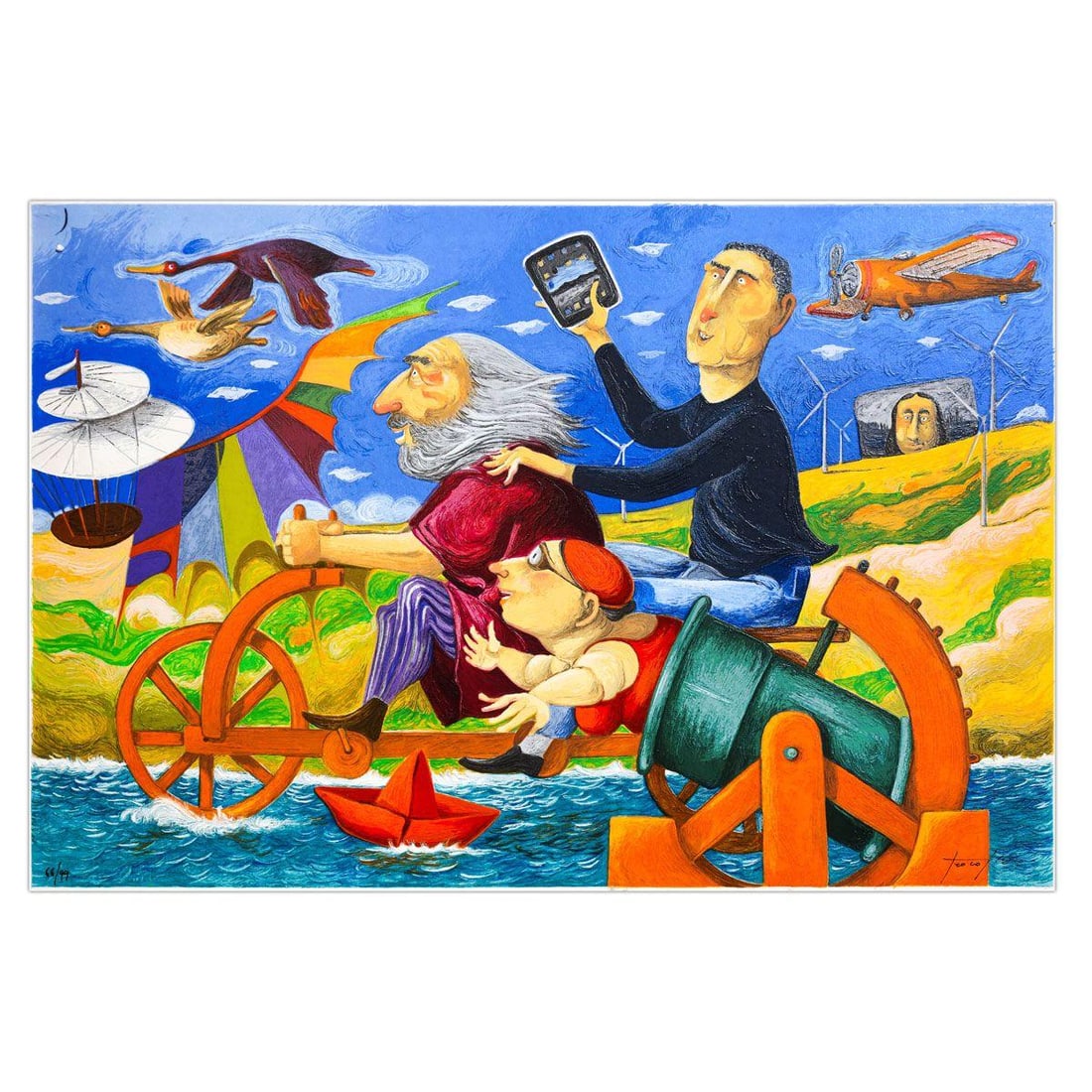 Pino Porcopio- SIlkscreen on Paper "In Viaggio Con Leonardo Da Vinci": Artist: Pino Porcopio. Medium: SIlkscreen on Paper. Title: In Viaggio Con Leonardo Da Vinci. Size: 16" x 24". Signature: Hand Signed and numbered. Certificate of Authenticity: Is included. Additional: