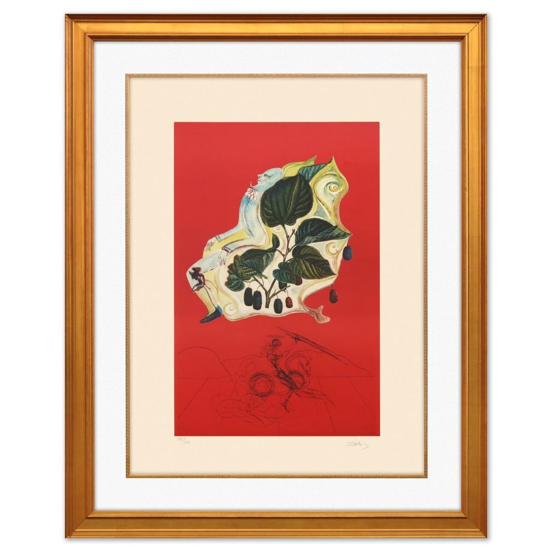 Salvador Dali- Original Lithograph "Mures Sauvages (Blackberries)": Artist: Salvador Dali. Medium: Original Lithograph. Title: Mures Sauvages (Blackberries). Size: 28" x 21". Measures approx. 37" x 30" (framed). Signature: Hand signed and numbered. Certificate of Auth