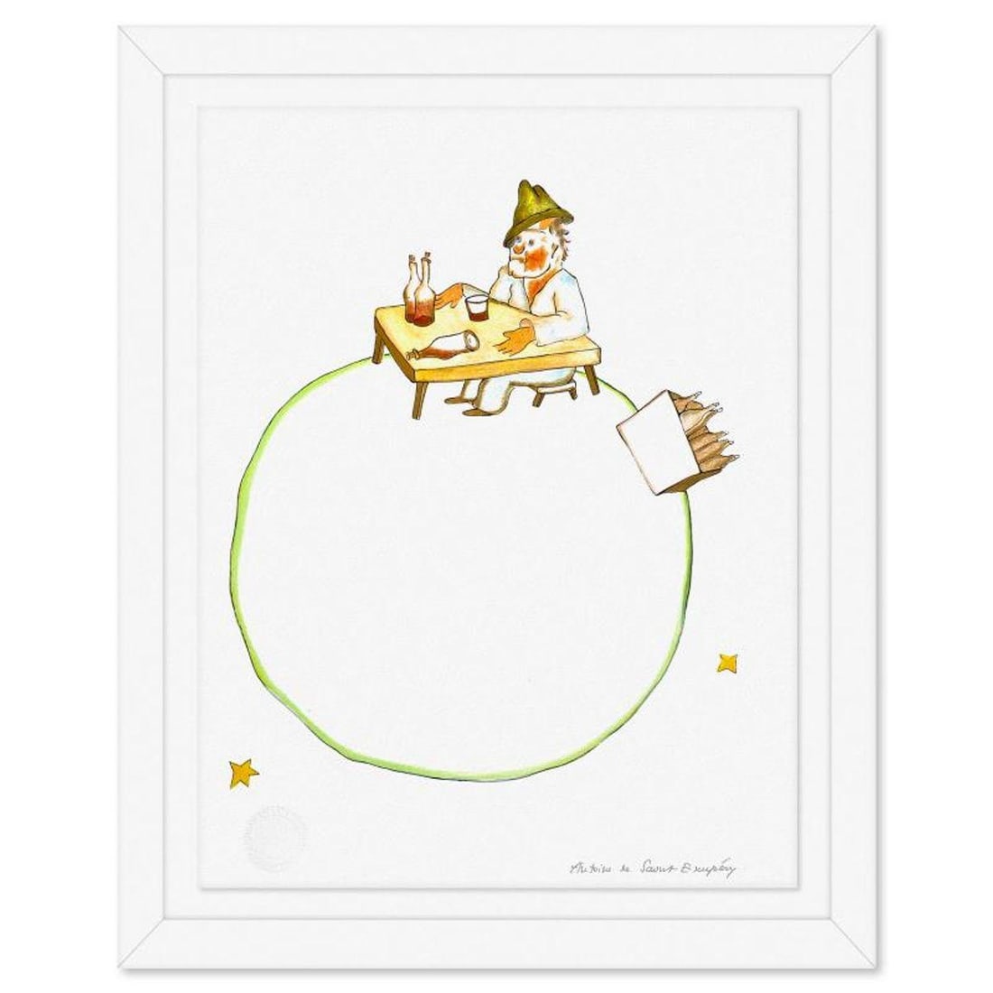 Antoine de Saint-Exupery 1900-1944 (After), "The Drunkard" Framed Limited Edition Lithograph with: The Drunkard is a limited edition lithograph on paper by Antoine de Saint-Exupery 1900-1944 (After), bearing the plate signature of the artist.This piece comes from an edition of 300 authorized by the