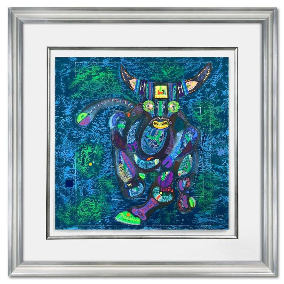 Lu Hong, "Chinese Zodiac - Water Ox" Framed Original Mixed Media Painting, Hand Signed with Letter: Chinese Zodiac - Water Ox is an original mixed media painting on paper by Lu Hong, hand signed by the artist. This piece comes custom framed. Includes Letter of Authenticity. Measures approx. 31" x 31