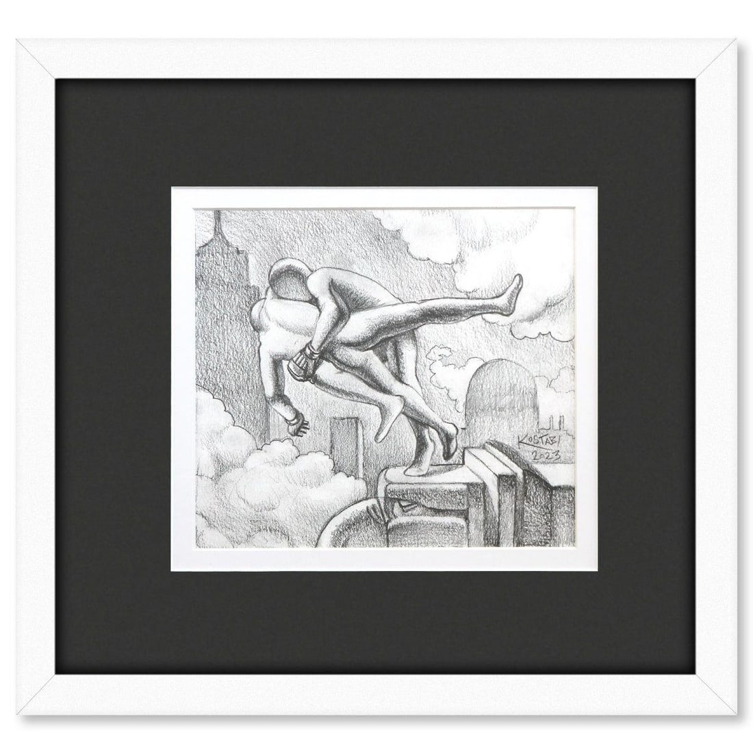 Mark Kostabi- Original Drawing on Paper "The Edge of Discovery": Artist: Mark Kostabi. Medium: Original Drawing on Paper. Title: The Edge of Discovery. Size: 8" x 9". Measures approx. 16" x 17" (framed). Signature: Hand signed by the artist. Certificate of Authenti
