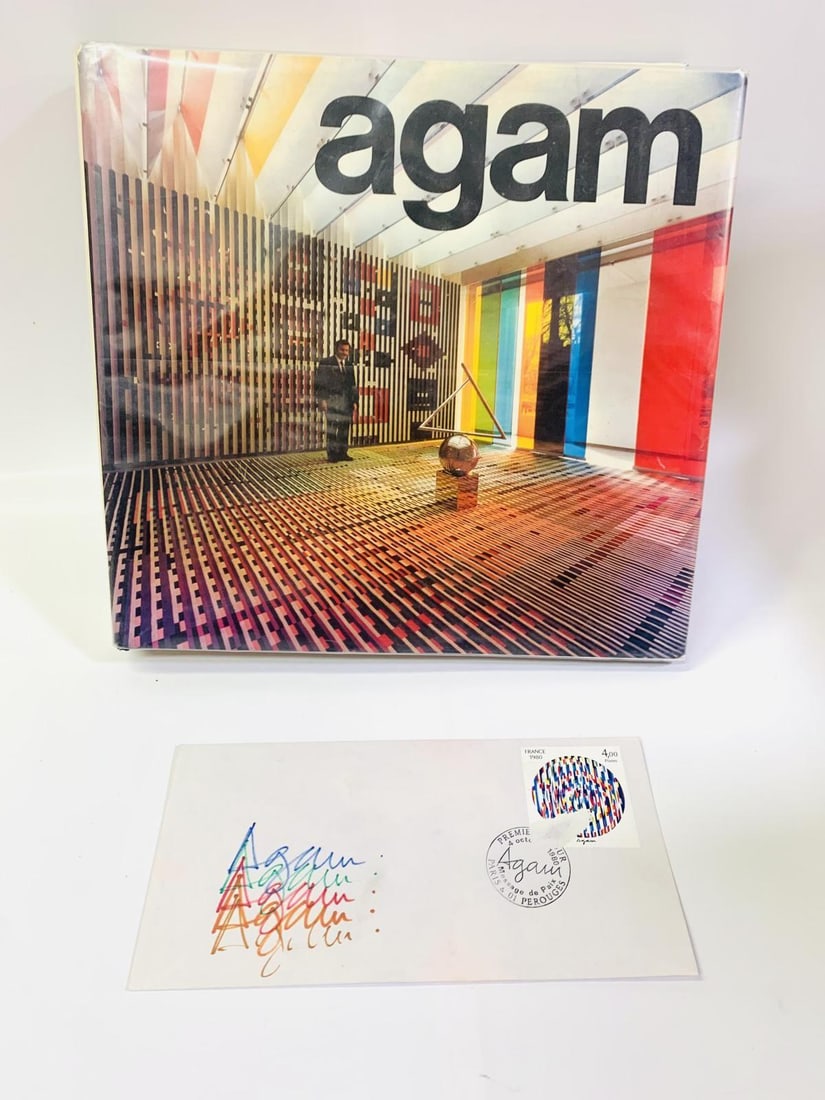 Yaacov Agam- Harcover book: Artist: Yaacov Agam. Medium: Harcover book. Additional: Accompanied with colorful marker signature and Stamp on envelope. Reference#: 28189.