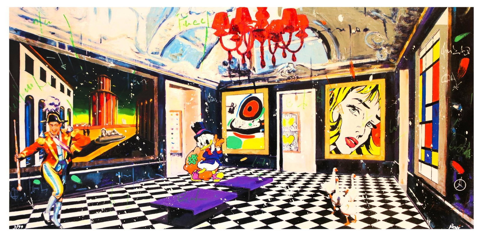 Rene- Silkscreen serigraph "Ducks's Parade": Artist: Rene. Medium: Silkscreen serigraph. Title: Ducks's Parade. Size: 24" x 48". Signature: Hand Signed and Numbered by the Artist. Certificate of Authenticity: Is Included. Reference#: 21557.