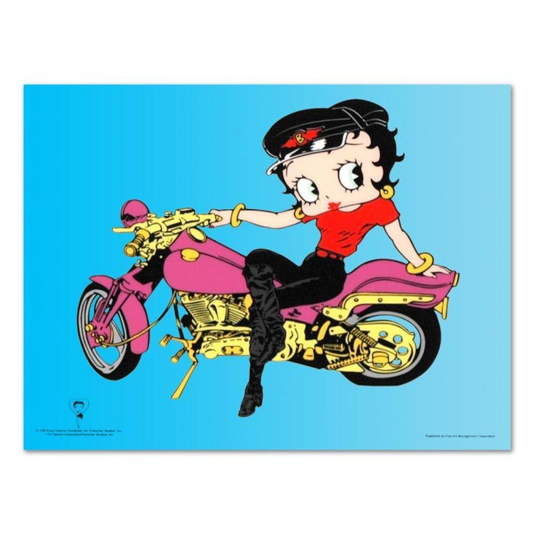 Betty Boop on Motorcycle is a Limited Edition Sericel by Fleischer Studios, Inc.. Includes: Familiar characters, vibrant colors, and careful details make this sericel one for both serious collectors and casual fans. "Betty Boop on Motorcycle" is a limited edition sericel officially licensed
