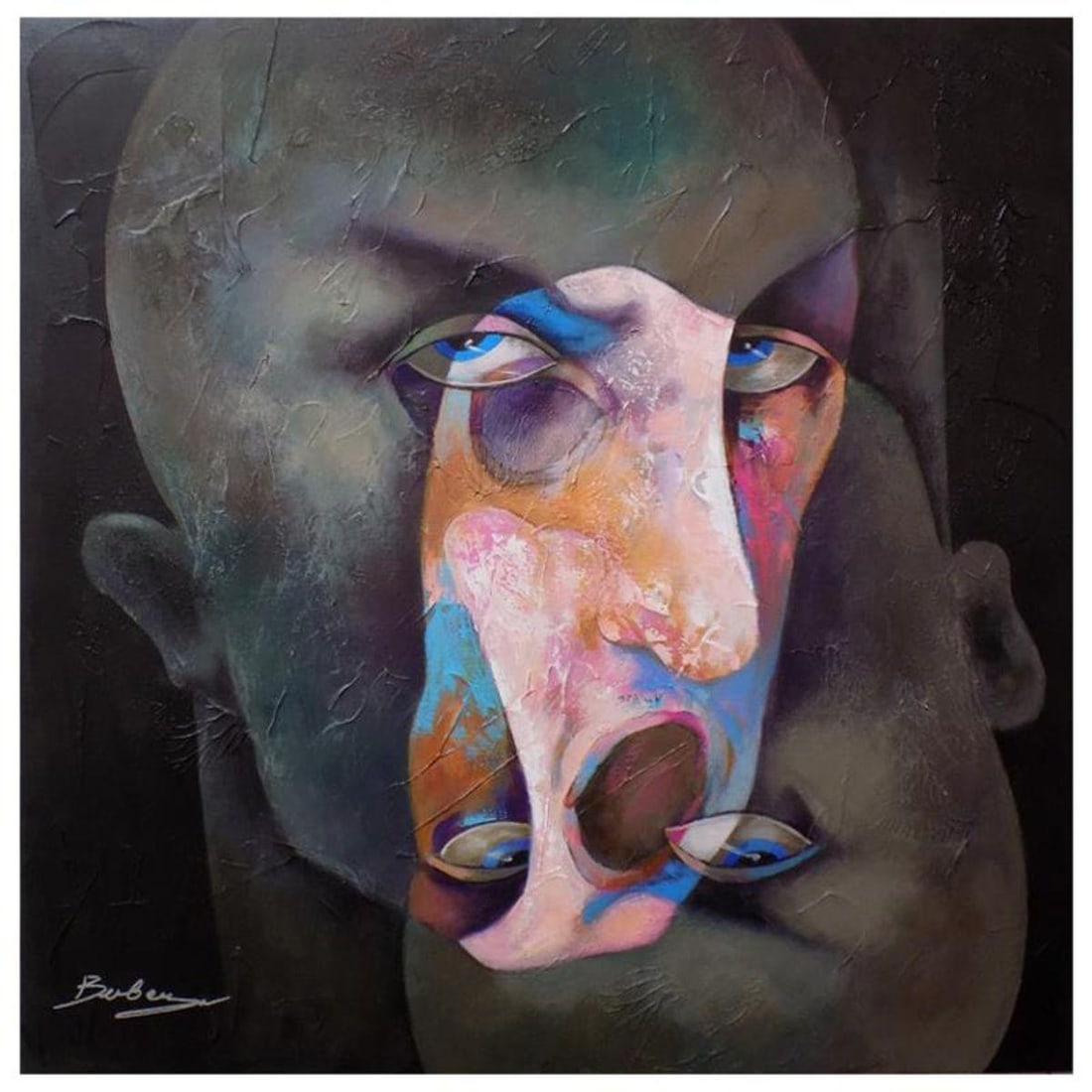 Berberyan, "Duplicity" Hand Signed Original Painting on Canvas with Letter of Authenticity.: Duplicity is an original acrylic mixed media painting on canvas by Ara Berberyan. The piece is hand signed and comes with a letter of authenticity. Measures approximately 24" x 24".