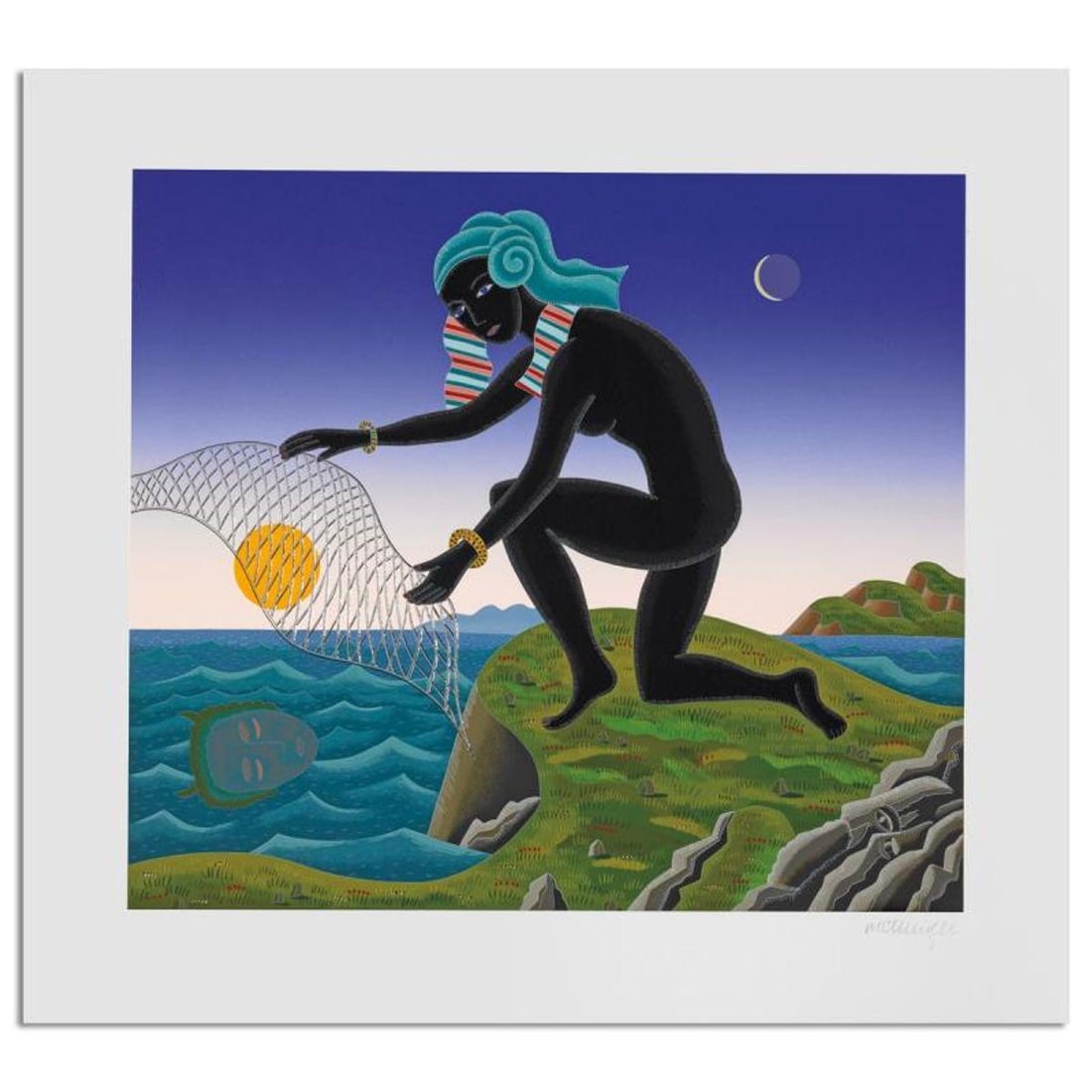 Thomas Mcknight, "Nubian Fisher (Mythologies Suite)" Limited Edition Serigraph, Numbered and Hand: Nubian Fisher (Mythologies Suite) is a limited edition serigraph on paper by Thomas Mcknight, numbered and hand signed by the artist. Includes Letter of Authenticity. Measures approx. 21" x 23" (borde